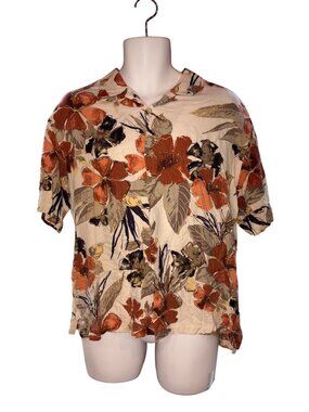 John Henry Mens Large Floral Button-Up Shirt 100% Rayon Short Sleeve Beige & Rus